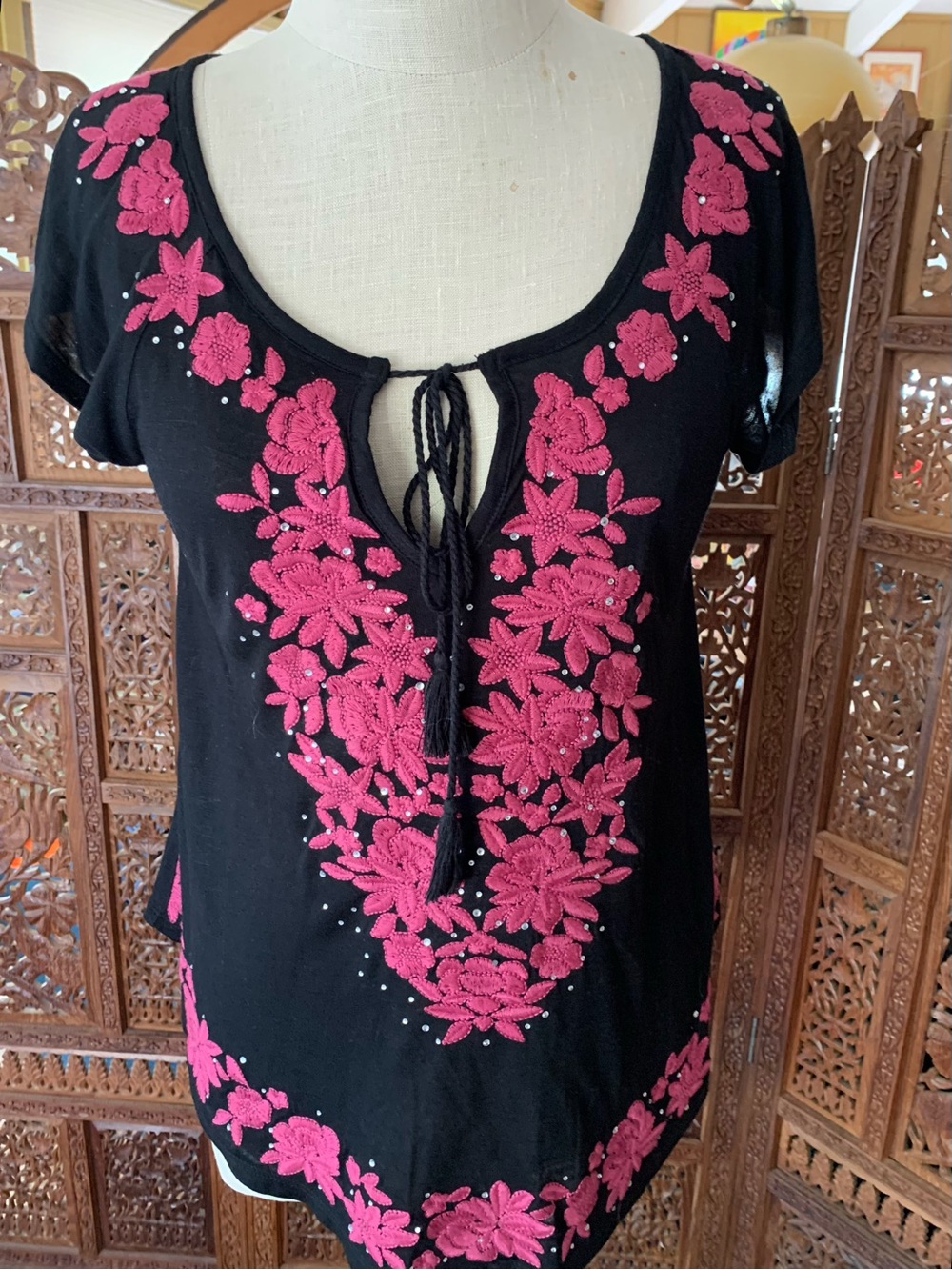INC International Concepts Black Short-Sleeve Tunic with Pink Floral Embroidery
